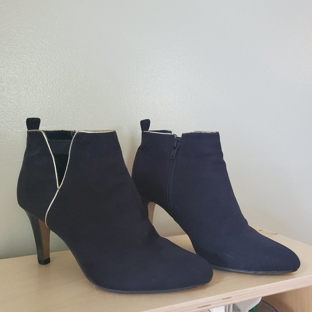 eram black heeled ankle booties with gold trim